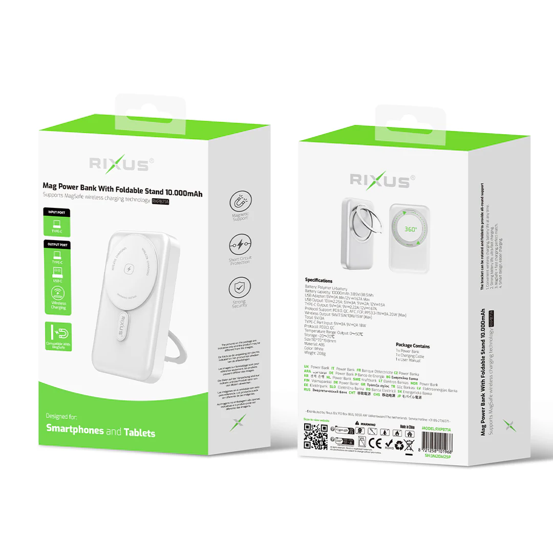 Powerbank Magnética Rixus MagSafe 10.000mAh com Suporte Dobrável – Branca - Image 5