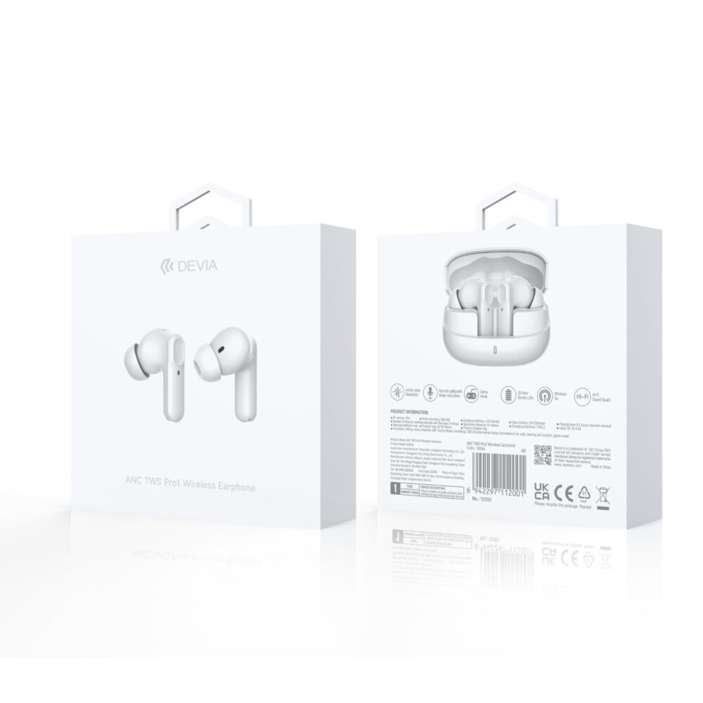 Auscultadores Bluetooth Devia TWS Pro 1 com ANC - Brancos - Image 3