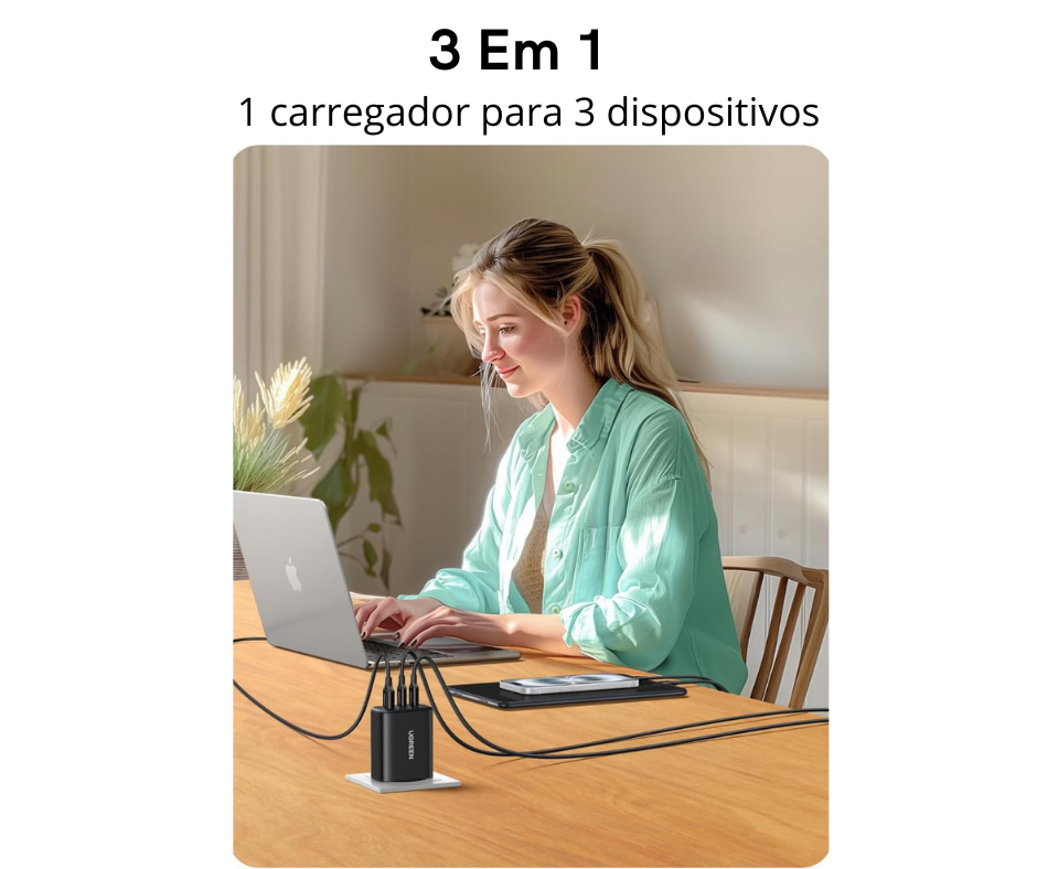 UGREEN Carregador 65W – 3 Portas (2xUSB-C + 1xUsb-A) - Image 3