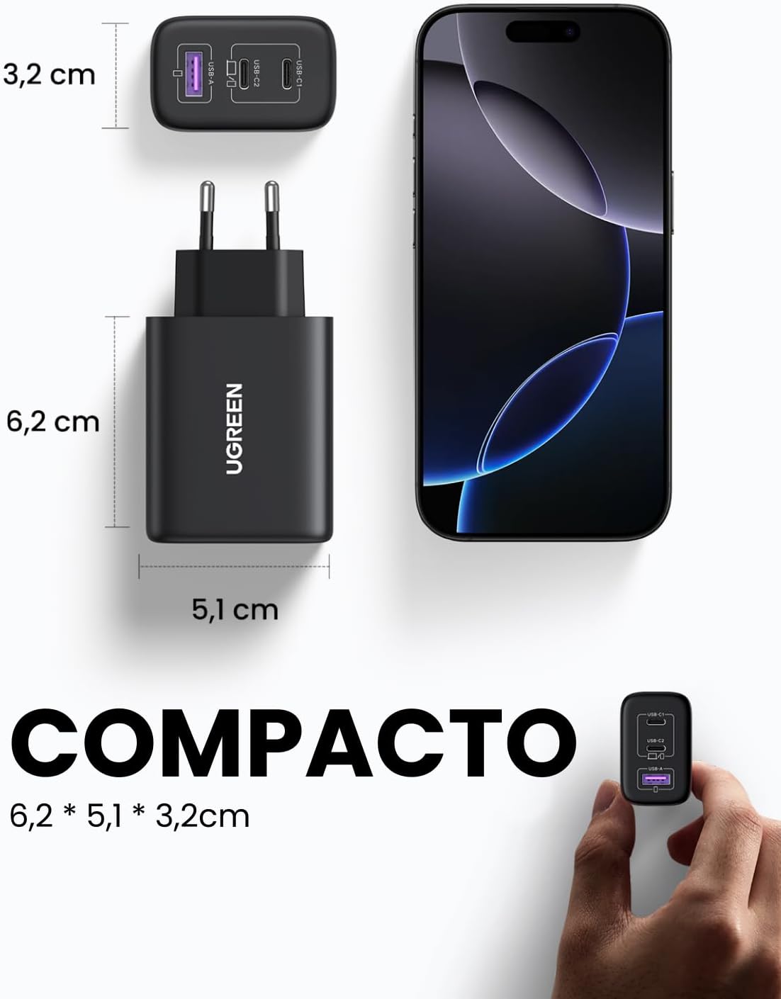 UGREEN Carregador 65W – 3 Portas (2xUSB-C + 1xUsb-A) - Image 4